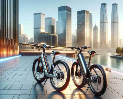 Create a high-definition, realistic image showcasing sleek modern e-Bikes labeled as 'Velostar' revolutionizing urban transportation. The scene should include these bikes parked on a clean, well-designed pathway in an urban setting. The city should have diverse architectural styles, showing a mixture of contemporary high rise buildings and traditional architecture. The bikes should be designed with advanced technology featuring an integrated dashboard, battery-powered motor, and modern safety features. The lighting in the scene should suggest a sunny day with vibrant colors, highlighting the gleaming metallic finish of the bikes.