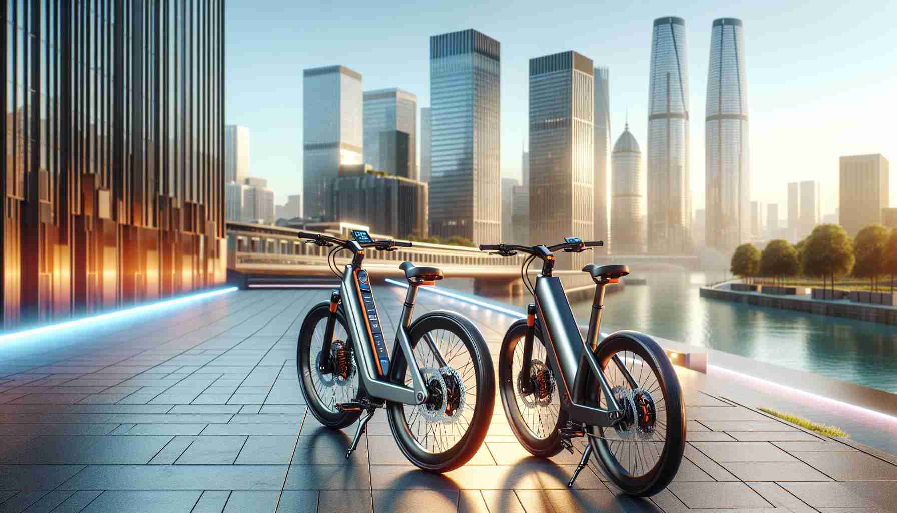 Create a high-definition, realistic image showcasing sleek modern e-Bikes labeled as 'Velostar' revolutionizing urban transportation. The scene should include these bikes parked on a clean, well-designed pathway in an urban setting. The city should have diverse architectural styles, showing a mixture of contemporary high rise buildings and traditional architecture. The bikes should be designed with advanced technology featuring an integrated dashboard, battery-powered motor, and modern safety features. The lighting in the scene should suggest a sunny day with vibrant colors, highlighting the gleaming metallic finish of the bikes.