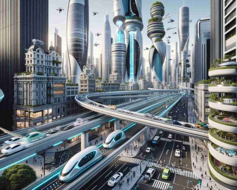 Highly detailed and realistic image showcasing the future of urban travel. Imagine a metropolitan landscape with towering skyscrapers, intertwined with an advanced network of transportation. Autonomous electric cars zooming across multi-level streets, with conduits for drone traffic above. Hyperloop capsules gliding at high speeds, semi-transparent so you can see a group of diverse commuters inside - Caucasian women, Black men, Hispanic men and South Asian women. Pedestrian paths with augmented reality indicators guiding people. Rooftop gardens with vertical farms interspersed in the scene to promote sustainability.