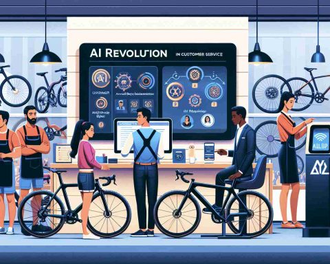 Illustration of AI revolution in customer service, represented by an engaging scene in the industry of cycling. A busy bicycle store with a South Asian female service representative assisting a Middle-Eastern male customer. They are in front of a computer screen displaying advanced AI technology interface, offering bicycle recommendations based on customer preferences. Nearby, an AI-powered self-help kiosk shows a Caucasian woman customer using it. Prominently positioned in the store are high-tech bicycles representing Rad Power Bikes, pioneer in the integration of AI and customer service.