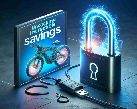 Generate an HD realistic image depicting the concept of unlocking incredible savings for the next e-bike purchase. The image should include a symbolic portrayal of an offer too good to miss, such as a large lock being undone which reveals an affordable, sleek e-bike.