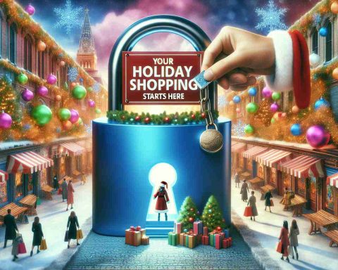 A high-definition, realistic image of a vibrant scene signifying holiday shopping. It shows a large padlock being unlocked, symbolizing huge savings, set against the backdrop of a bustling marketplace decorated with festive seasonal ornaments and themes. Nearby, a sign heralds 'Your Holiday Shopping Starts Here', inviting everyone to enjoy the season's discounts and promotions.