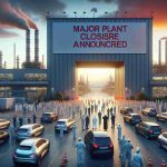 A highly detailed and realistic image capturing the shock in the electric vehicle industry. Imagine a vast industrial plant with car manufacturing machinery visible around. On the main entrance gate hangs a large banner reading 'Major Plant Closure Announced'. The sky is tinted with an orange-red hue of the sunset, adding a touch of gloom to the scene. Workers, including a middle-eastern female engineer and an Asian male assembly line worker, can be seen standing in small groups, expressing their shock and disbelief.