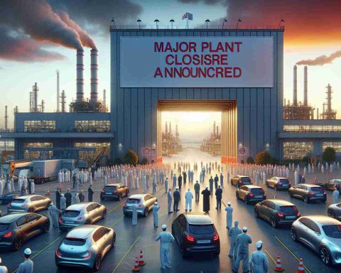 A highly detailed and realistic image capturing the shock in the electric vehicle industry. Imagine a vast industrial plant with car manufacturing machinery visible around. On the main entrance gate hangs a large banner reading 'Major Plant Closure Announced'. The sky is tinted with an orange-red hue of the sunset, adding a touch of gloom to the scene. Workers, including a middle-eastern female engineer and an Asian male assembly line worker, can be seen standing in small groups, expressing their shock and disbelief.