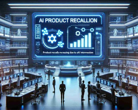 Create an HD image that encapsulates the AI revolution's impact on product recalls, showcasing how technology is transforming safety measures. The scene could depict a futuristic control room with individuals of various descents and genders working on high-tech equipment and large screens displaying AI algorithms. There could be a holographic chart illustrating product recall statistics decreasing due to AI intervention. Lastly, the room should exude a sense of advanced technology with sleek design and modern aesthetic.