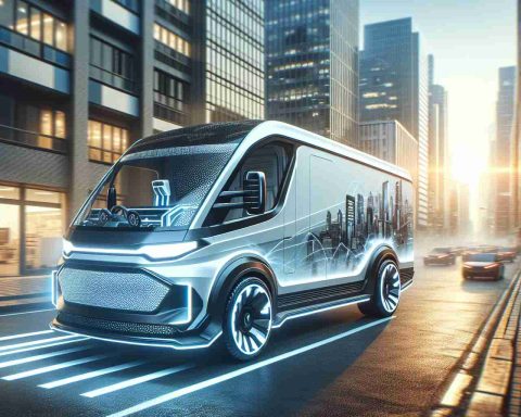 Generate a realistic HD image of a state-of-the-art electric delivery van by a cutting-edge automobile company. The van is a revolutionary model, with the potential to completely transform urban delivery systems. It boasts a sleek, aerodynamic design that hints at its incredible efficiency and power. It should be displayed in an urban setting, ideally in mid-delivery, to emphasize its revolutionary potential for sustainable, efficient urban logistics.