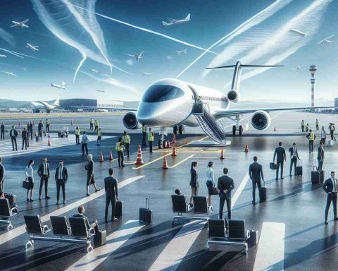 Generate an HD, realistic image of an innovative scene where electric aviation is taking a leap forward in transforming air travel. Picture a modern airport tarmac, bustling with activity. In the foreground, a sleek, futuristic electric airplane is preparing for takeoff, its streamlined design noticeable. Around it, ground crews, consisting of a diverse group of individuals of varied genders and descents including Caucasian, Hispanic, Black, Middle-Eastern and South Asian, are busily tending to final pre-flight preparations. The sky above is a brilliant azure, streaked with wisps of white clouds, suggesting a beautiful day for a flight.