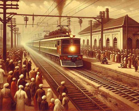 Generate an ultra-high-quality, hyper-realistic image of a pivotal moment in the history of railway advancements: 'Electric Revolution'. This moment is celebrated as the small town of Himmatnagar embraces its very first electric goods train. The train should be robust, with massive compartments to carry goods, and it should be confidently navigating the tracks, emitting no smoke, signaling a new era of cleaner transport. The town's station would also be bustling with onlookers from different descents and genders, having expressions of curiosity and fascination.