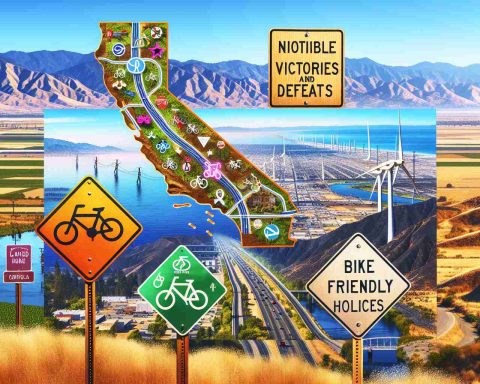 Generate a high-definition, realistic image that represents notable victories and defeats for bicycle advocates in California. The image could feature symbolic elements such as bicycle paths and lanes in various states of construction or disrepair, a map marking bike-friendly and unfriendly areas, and public signs indicating policies related or harmful to bicycling. Also include vibrant Californian landscapes in the background.