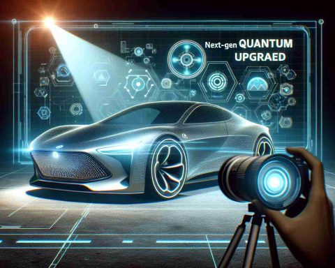 A photo resolution visualization of the manifestation of quantum revolution in automobile technology. Illustrate this scene as a spotlight on a modern car featuring cutting-edge design and futuristic aspects. Label it as 'Next-Gen Quantum Upgrade' to underline the technical transformation.