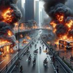 Highly-detailed realistic image capturing two alarming scenes of chaos in a metropolitan central district, which are caused by the batteries of electric bikes spontaneously combusting. The effects of the fires should be vividly depicted, with bright, intense flames and billowing, dark smoke filling the scene. People should be visible in the scene, displaying clear signs of panic, fear, and urgency as they rush away from the dangerous situation. Infrastructure such as buildings, streets, and the e-bikes involved in the incidents should be intricately designed to further encapsulate the chaotic atmosphere.