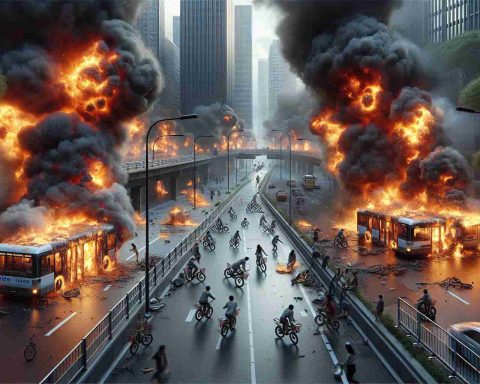 Highly-detailed realistic image capturing two alarming scenes of chaos in a metropolitan central district, which are caused by the batteries of electric bikes spontaneously combusting. The effects of the fires should be vividly depicted, with bright, intense flames and billowing, dark smoke filling the scene. People should be visible in the scene, displaying clear signs of panic, fear, and urgency as they rush away from the dangerous situation. Infrastructure such as buildings, streets, and the e-bikes involved in the incidents should be intricately designed to further encapsulate the chaotic atmosphere.