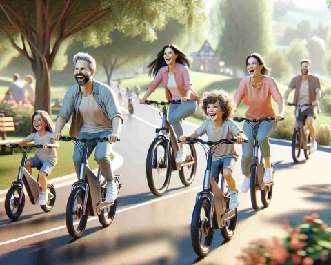 A high-definition, realistic image of an innovative, family-themed bike ride. This is no ordinary ride, these are electric bikes with a special twist. The scene includes a multi-descent family, with parents and children, each one riding their own e-bike. The bikes are modern, with sleek lines and equipped with the latest technology. The environment is a peaceful, charming park, with lush trees and a scenic route. The expressions of the riders convey excitement and joy, highlighting the fun and ease of the family e-bike riding experience.