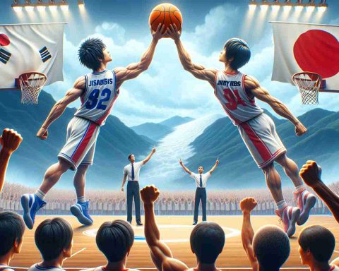 High-quality, realistic image illustrating the concept of significant transformations in Japan's B League basketball. Showcase a scene where two metaphorically represented basketball clubs are achieving unprecedented advancements, perhaps by rising high and reaching towards the sky. Provide a backdrop of a cheering crowd to highlight their achievements. For diversity, create one club representative as a Hispanic male and the other as a South Asian female.