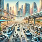 An illustrative high-definition image showcasing the revolution of urban mobility through the implementation of cutting-edge electric vehicles. Depict a lively and bustling cityscape filled with futuristic architecture and efficient infrastructure. Across the streets, show different types of advanced electric vehicles like sleek cars, motorcycles, bicycles, buses, and even monorails. These vehicles should exude a futuristic aura through their design as well as their operation. Focus on the emission-free, quiet, and smooth ride these vehicles offer, adding a harmonious and progressive ambiance to the city environment. Keep the color scheme tonally balanced and realistic.