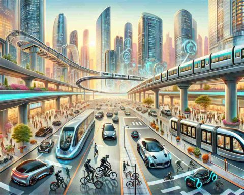 An illustrative high-definition image showcasing the revolution of urban mobility through the implementation of cutting-edge electric vehicles. Depict a lively and bustling cityscape filled with futuristic architecture and efficient infrastructure. Across the streets, show different types of advanced electric vehicles like sleek cars, motorcycles, bicycles, buses, and even monorails. These vehicles should exude a futuristic aura through their design as well as their operation. Focus on the emission-free, quiet, and smooth ride these vehicles offer, adding a harmonious and progressive ambiance to the city environment. Keep the color scheme tonally balanced and realistic.