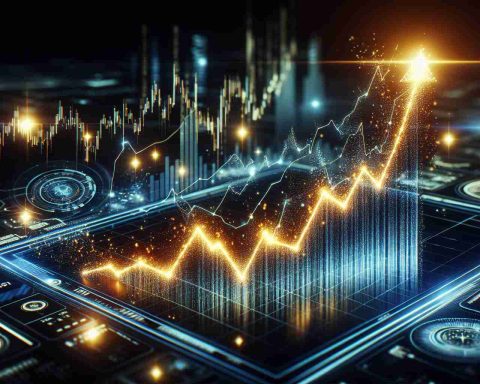 A high-definition, realist image of a surge in stock prices, symbolized by an ascending line graph glowing with bright sparks. The chart is displayed on a digital screen with the company's logo - an abstract symbol, rather than any specific company's actual logo. Around this scene, envision futuristic elements that hint at technological advancements, such as holographic interfaces and innovative gadgets, to suggest a optimistic outlook towards the future of the given company.