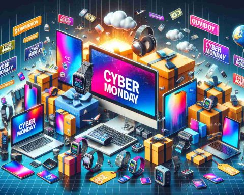 High definition image of an array of cyber Monday tech deals being unveiled with excitement. Picture contains a variety of electronic devices such as smartphones, laptops, tablets, smartwatches, and headphones. The scene is set on a vibrant website background with signs and stickers denoting significant discounts and the word 'Cyber Monday' prominently displayed.