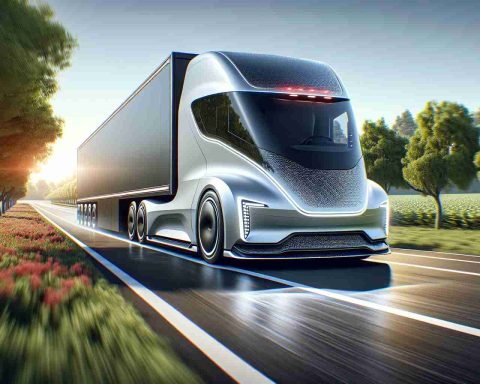 A detailed image of a revolutionary electric truck from an unnamed major company hitting the road for the first time. It is in motion showcasing its sleek, aerodynamic design and the environment is hinting towards the vehicle's sustainable energy use. The design emphasizes the futuristic technology of the vehicle with clear focus on the headlights, grill, and wheel rim design. The trees or sceneries in the background give a clear indication of the speed of the truck with a highly contrasted, vibrant scenery. The road is long, stretching out in front of the truck, symbolizes the start of the electric revolution.