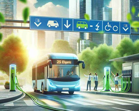 A high definition, lifelike image showcasing the progressive move of a city towards clean and sustainable transportation. The shot includes electric buses plowing through the roads, signage indicating charging stations and happy members of the community using these services. Bright, vivid colors depict a positive and greener future.