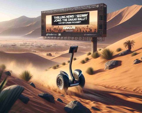 A high-definition, realistic image showing a moment from the Dakar Rally, where a Segway is participating. The desert setting is imposing, with its expansive sand dunes and difficult terrain. The Segway, with its bold design and advanced technological features, is attempting to maneuver through this challenging environment. The scene conveys a thrilling atmosphere, filled with anticipation. A large electronic billboard in the background displays the words: 'Thrilling News! Segway Joins the Dakar Rally! Can They Conquer the Desert?'