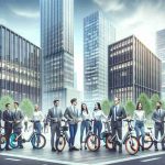 Create a high-definition, realistic photo illustrating a corporate initiative promoting sustainable transportation. The scene should depict several corporate buildings in the background with employees of diverse descents and genders receiving electric bikes on the foreground. These employees should be thrilled, showcasing their newly acquired bikes with pride. Also, include distinct features on the bikes such as battery packs, bright colors, and advanced digital displays, to signify that they are indeed electric.