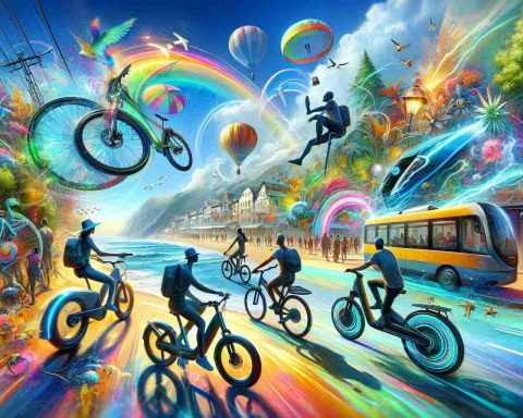 Create a realistic high-definition depiction showcasing the future of holiday experiences. Imagine an electrifying scene where electric bikes are prominent and increasingly adopted for leisure activities. Paint this revolution in a vibrant, inviting, and eco-friendly manner, showcasing individuals of different genders and descents enjoying their adventures on these futuristic means of transport. Make sure to convey the essence of holiday fun and relaxation balanced with enthusiasm for technology and sustainability.