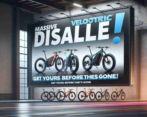 High-definition, realistic photograph showcasing a large sale banner displaying 'Massive Discounts on Velotric E-Bikes! Get Yours Before They're Gone'. The scene may also feature the electronic bikes, capturing their sleek design and modern aesthetics underneath the banner, giving the image a sense of excitement and urgency.