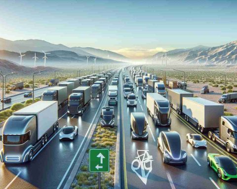 Create a realistic, high-definition image showcasing the revolution in transportation brought about by the introduction of electric trucks. The scene should be future-oriented, signifying a renaissance in this field. Include a variety of electric trucks on a roadway, in varied models and colors, under a clear sky. A prominent sign should be visible expressing excitement about this new age of transportation. The composition should reflect abundance, hope, progress and environmental consciousness.