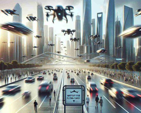 High-definition, realistic image of a futuristic city scene blurred with movement. Hovering vehicles, reminiscent of cars, zip through the city's skyline depicted to be amidst technological advancement. Numerous drones, of varying sizes and designs, swarm the airspace further enhancing the notion of new technology. strong emphasis on the caution expressed by pedestrian citizens below, their faces showing a mixture of fascination and concern. Display a signboard in the forefront with bold, capitalised typography spelling, 'Watch Out for Flying Cars!'