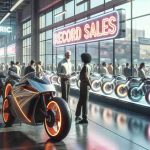 A high definition, realistic image of an electric motorcycle dealership, the space brimming with cutting-edge designs. The showroom is filled with customers, eagerly checking out these futuristic two-wheelers. The large windows reflect the neon 'Record Sales' sign that is prominently displayed. A line of traditional gas-powered motorcycles sits in the background, largely ignored. The dealer, a middle-aged Middle-Eastern man, is seen discussing with a young Black woman interested in the motorcycles, their expressions reflecting shock and awe at the popularity and technological advancements of the electric motorcycles.