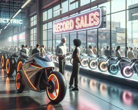 A high definition, realistic image of an electric motorcycle dealership, the space brimming with cutting-edge designs. The showroom is filled with customers, eagerly checking out these futuristic two-wheelers. The large windows reflect the neon 'Record Sales' sign that is prominently displayed. A line of traditional gas-powered motorcycles sits in the background, largely ignored. The dealer, a middle-aged Middle-Eastern man, is seen discussing with a young Black woman interested in the motorcycles, their expressions reflecting shock and awe at the popularity and technological advancements of the electric motorcycles.