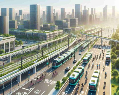 Create a high-definition, realistic image of a cityscape. Focus on showcasing advanced sustainable transportation infrastructure. The setting should involve bike lanes, solar-powered public transportation vehicles like buses and trams, and pedestrian walkways. Show an overhead electric train line with trains that have rooftop gardens. The streets should be well-equipped with electric vehicle charging stations. Emphasize the use of renewable energy and the reduction of carbon emissions in this city model. Include cyclists and pedestrians of diverse races and genders to highlight inclusivity.