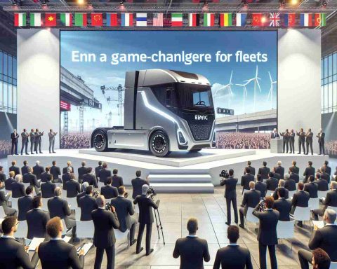 Create a realistic high-definition image of a revolutionary electric truck launch event. This particular vehicle is being highlighted as a game-changer for fleets, distinctly marked by its sleek design, the bold logo of the manufacturer on its side, and its notable eco-friendly features. The event is abuzz, with people of various job roles including engineers, reporters, and business people observing the unveiling in awe. The background should show an expansive venue, perhaps a convention center, filled with a variety of flags and banners, symbolizing a global perspective on the evolution of the transport sector.