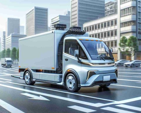 A high-definition, realistic illustration of an innovative new electric vehicle model from a well-known Japanese commercial vehicle manufacturing company. The vehicle, dubbed the NRR-EV, has finally hit public streets, showcasing its eco-friendly design and cutting-edge technology. Please depict the vehicle engaged in everyday urban operations, signifying its active inclusion in the modern traffic system.