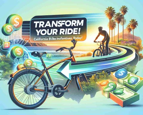 Generate a high-definition, realistic image that visually depicts the concept of 'Transform Your Ride!' which emphasizes the benefits of California's E-Bike incentives today. This could include an image of an e-bike against a backdrop of sunny California scenery, a rider enjoying the benefits of an e-bike, and visual elements hinting at financial incentives, such as symbolic graphics of cashback, discounts, or reduced prices.