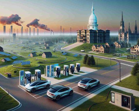 An immersive, high-definition photo representation illustrating the future of electricity in Michigan. The scene includes advanced electric charging stations conveniently dotting the landscape, demonstrating a major leap forward in technological innovation. Modern Electric Vehicles (EVs) are parked and charging, hinting at a greener future and the importance of EV adoption today. The image captures the landscape of Michigan, showcasing its typical architecture and natural beauty while seamlessly integrating futuristic electrical infrastructure.