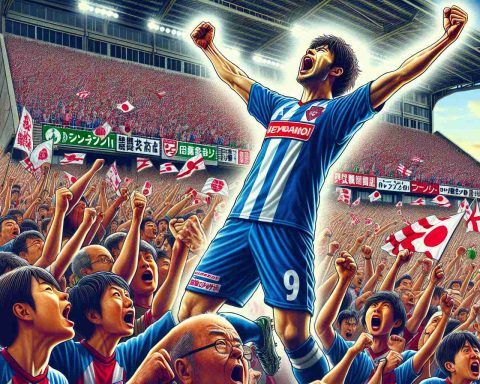 High-definition image portraying a major surprising development in the J2 League, a second-tier professional association football league in Japan. The focus of the image should be on the emotional and exciting return of a fan-favorite player. The crowd should be depicted vividly, showcasing their excitement, filled with mixed feelings of shock, joy and anticipation.