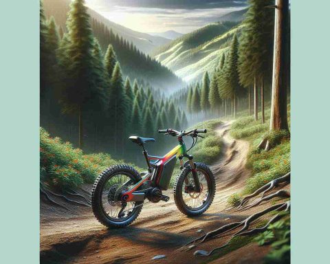 High-definition, realistic image of an adventurous scene featuring an electric mountain bike designed for kids. The bike is rugged, built for off-road terrains, and possesses vibrant colors to make it attractive for children. The scenery includes dirt trails winding through lush forest. The thrill of this bike ride is palpable, as if inviting the viewer to partake in the adventure. The terrain should appear challenging, enhancing the feeling of excitement and adventurous spirit inherent in mountain biking. No kid should appear in the image but the presence of the bike should make it clear it's built for them.