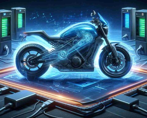 Generate an ultra high-definition, realistic image showcasing an electric motorcycle revolution. Include the motorcycle in a sleek and modern design, the emblem of electrified power and sustainability with advanced features. Depict the concept of battery innovation, perhaps envisioning futuristic battery modules or recharging stations with advanced technology. Incorporate an intriguing backdrop signifying progression and robust advancements in technology. Use a stimulating blend of colors, making the shades of electric blue predominate, to emphasize the electric nature of the vehicles. Please ensure the motorcycles in the image communicate world-changing potential.