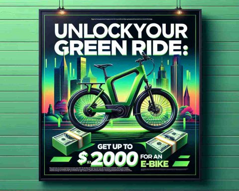 Generate a realistic high-definition image of a promotional poster. It displays the message 'Unlock Your Green Ride: Get Up to $2,000 for an E-Bike' in bold letters. The background should be vibrant and related to environmental sustainability highlighting the importance of green transportation. The design can include graphical illustrations of a sleek e-bike and stacks of cash symbolising the $2,000. It should be in a style that draws attention and is persuasive, with a modern feel, representative of a vibrant cityscape.