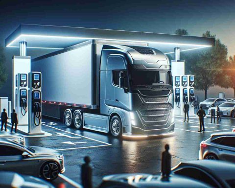 High-definition, realistic image capturing the essence of the new revolution in vehicular technology: Electric trucks. Picture a scene where one of these trucks, identified by its sleek design and modern attributes associated with electric vehicles, is prominently displayed. The environment around it symbolizes change and advancement — ample charging stations, supportive infrastructure and people marveling at this new marvel of technology, reflecting the game-changing impact of these trucks.