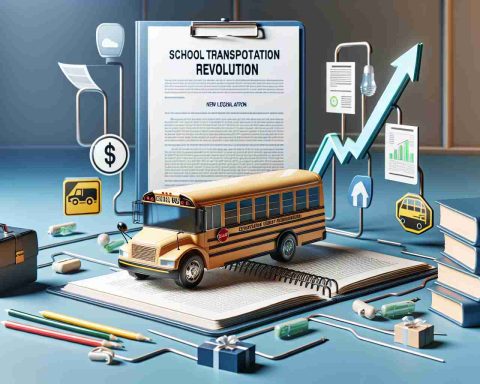 Realistically detailed high-definition image that represents a concept involving school transportation revolution. The scene should include elements related to new legislation that changes the way electric bus financing is handled. This can be portrayed in the form of documents, charts, or symbols, alongside an environment that symbolizes a school setting.