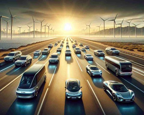 An ultra high-definition, photorealistic image that represents Lion Electric's remarkable transformation of the automotive industry. The focus should be on electric vehicles, showcasing a variety of sleek, modern designs that exemplify environmental friendliness, advanced technology, and forward-thinking innovation. These vehicles, both large and small, should be portrayed as driving on a highway, symbolizing the movement towards a sustainable future. Please include scenes of renewable energy infrastructure such as solar panels or wind turbines in the background, embodying the green energy that powers these vehicles.