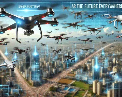 A high-definition, realism-style image of multiple drones hovering in the sky, seen from multiple vantage points across a city. The drones range in various sizes and designs, some sleek and futuristic, others more industrial. Amidst the technology-themed scene, there's a sense of uncertainty and wonder suggesting a pivotal moment of technological advancement. Text overlay reads: 'Drones Spotted Everywhere! Are They the Future or a New Concern?'