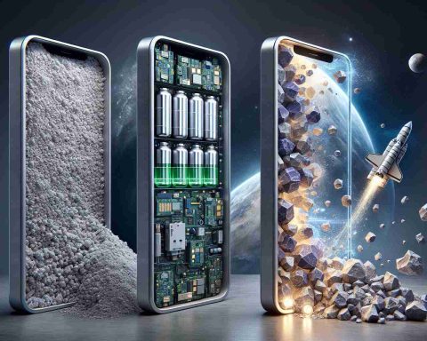 Generate a realistic high-definition image showcasing the remarkable transformation of lithium. Begin with it in its raw, elemental form, then illustrate its incorporation into the construction of a smartphone, emphasizing details of the inner workings and batteries. Finally, highlight its use in space endeavors. Allow the progression of lithium's use to be clear and distinct.