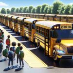 High-definition, realistic image showcasing the revolution in school transportation in the Red Lake District. Show a line of glossy, vibrant electric school buses gleaming in the sun. The buses are parked neatly in a row in a spacious lot made up of tarmac, amidst green trees and under a bright blue sky. The buses are painted traditional school bus yellow but have a modern, sleek design and environmentally-friendly tags displaying 'Electric'. Students of diverse descents, such as Hispanic, Caucasian, Black and Asian, are stepping onto the buses, excited about this new sustainable way of transportation.