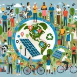 An HD image illustrating the concept of empowering a diverse community through sustainable solutions. This involves a multiracial group of people - men and women of Hispanic, Caucasian, Black, Middle-Eastern and South Asian descent. They are depicted as engaged in activities related to sustainable living and development. Examples include: planting trees, installing solar panels, cycling instead of driving, and participating in a recycling program. The overall feeling of the image is one of unity, collaboration, and optimism about a sustainable future.