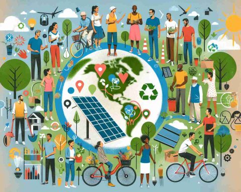 An HD image illustrating the concept of empowering a diverse community through sustainable solutions. This involves a multiracial group of people - men and women of Hispanic, Caucasian, Black, Middle-Eastern and South Asian descent. They are depicted as engaged in activities related to sustainable living and development. Examples include: planting trees, installing solar panels, cycling instead of driving, and participating in a recycling program. The overall feeling of the image is one of unity, collaboration, and optimism about a sustainable future.