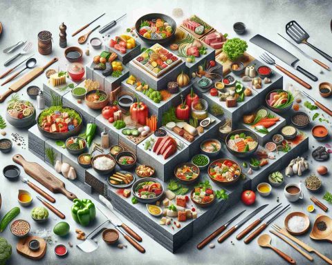 Create a high resolution, realistic image that depicts the exploration of modern fusion cuisine. The image should encompass an array of dishes representative of different culinary traditions merged together in an innovative way. Also include elements like a tastefully set table, diverse cooking utensils, and fresh ingredients to further emphasize the blending of various food cultures in a contemporary gastronomic setting.